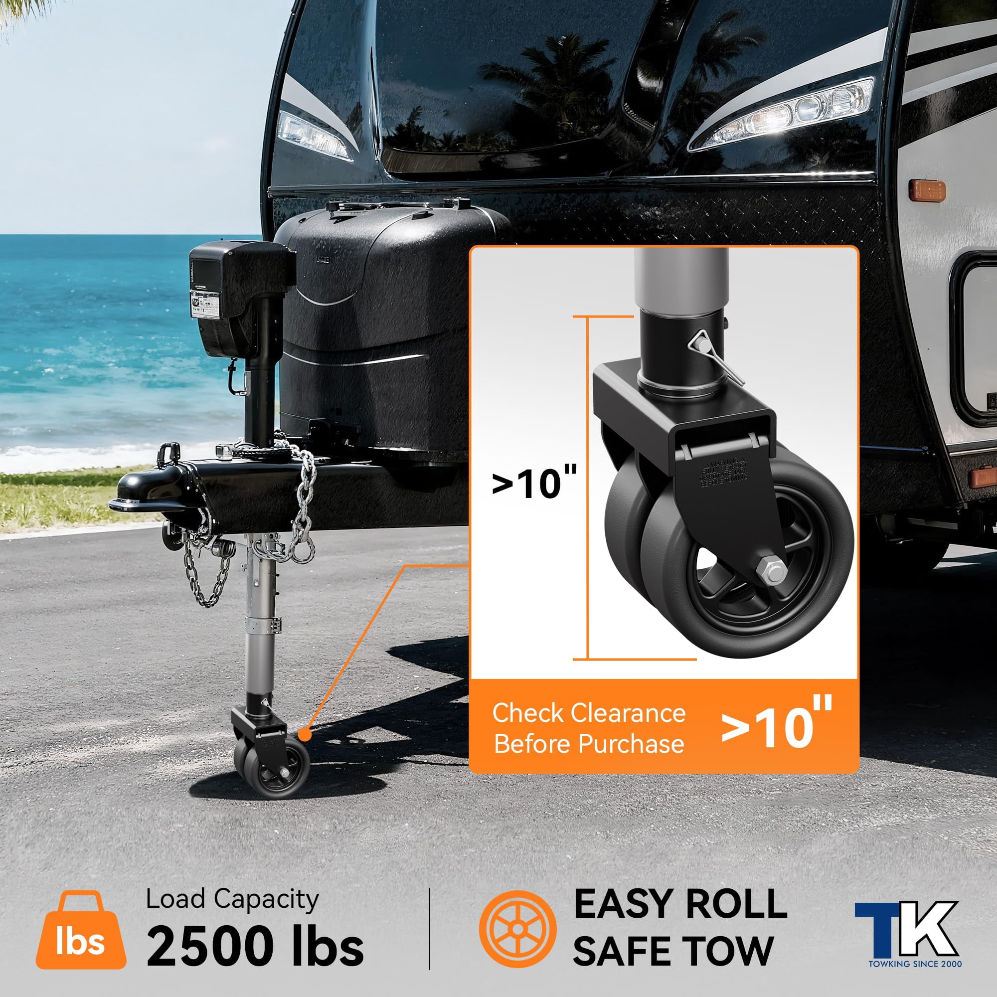 TOWKING 2,500lbs Dual 6" Trailer Jack Swivel Caster with Upgraded Spoked Wheels and Reinforced Bracket, Black
