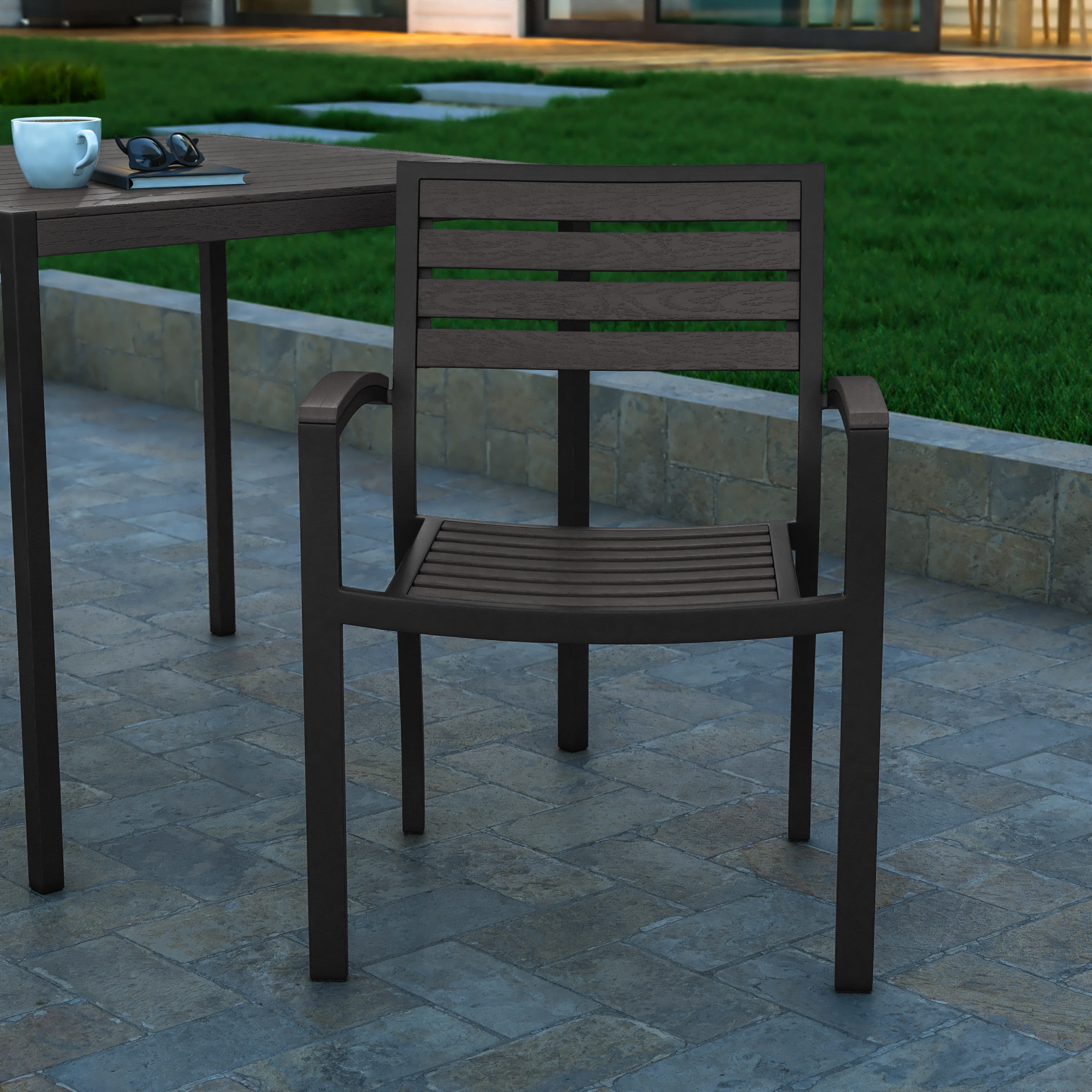 Emma + Oliver Set of Two Black Aluminum Stacking Patio Chairs with Gray Wash Finished Faux Teak Polyresin Slats on Seat, Back & Arms for Indoor/Outdoor Use