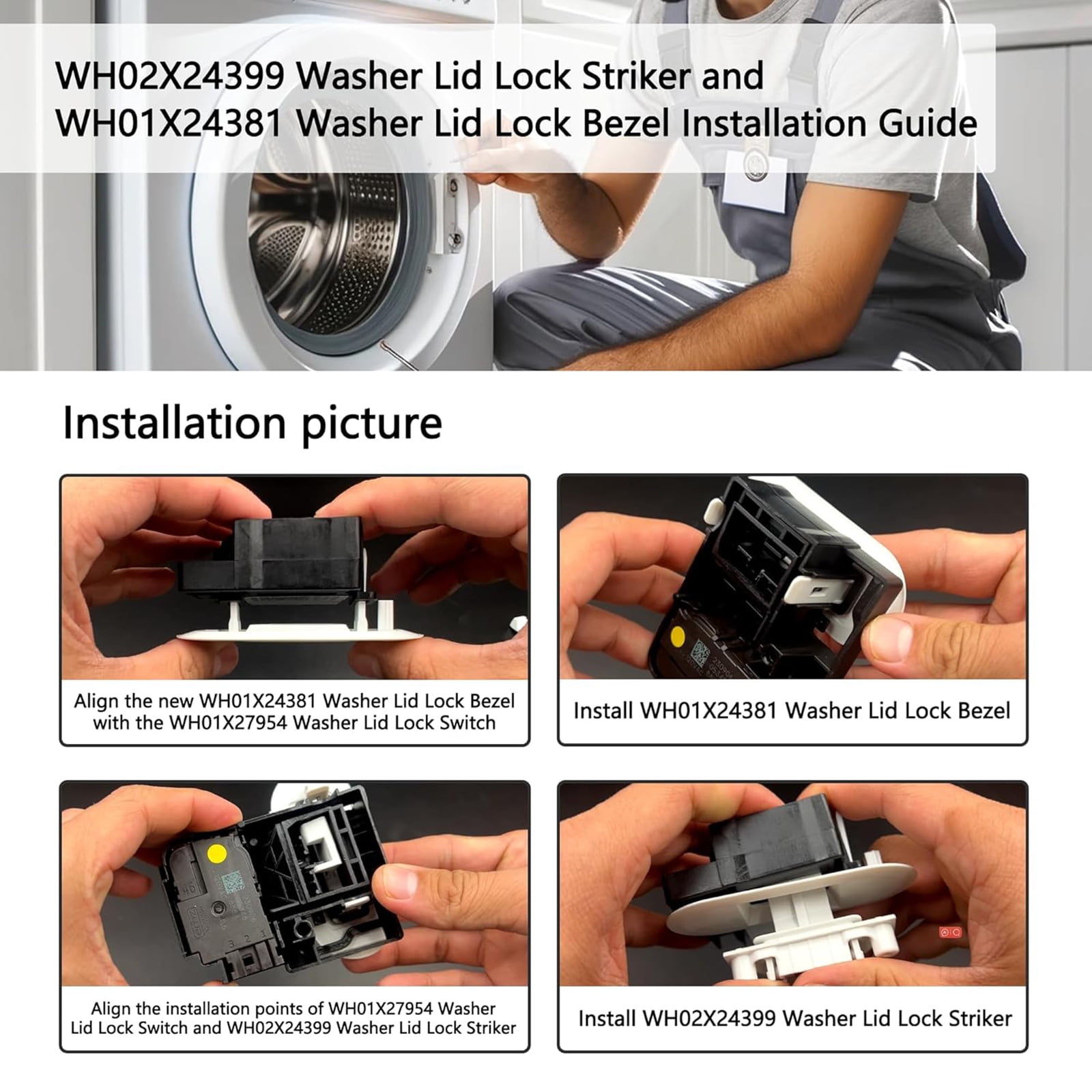 Door Lock Assembly Set Lid Lock Switchs Maintenance Plastic Texture Service Replacement Set WH01X27954 WH01X24381