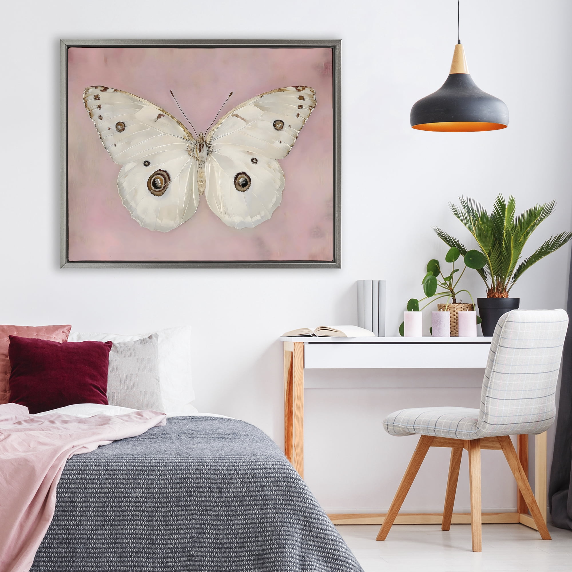 Stupell Industries Gossamer Butterfly on Blush Background Gray Framed Floater Canvas Wall Art, design by Arlington Prints