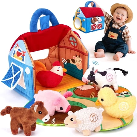 FUBARBAR Plush Farm Animal Barn Toy Set with Real Sounds, Sensory Montessori Toys for Babies & Toddlers 6-12 Months (5-Piece Set)