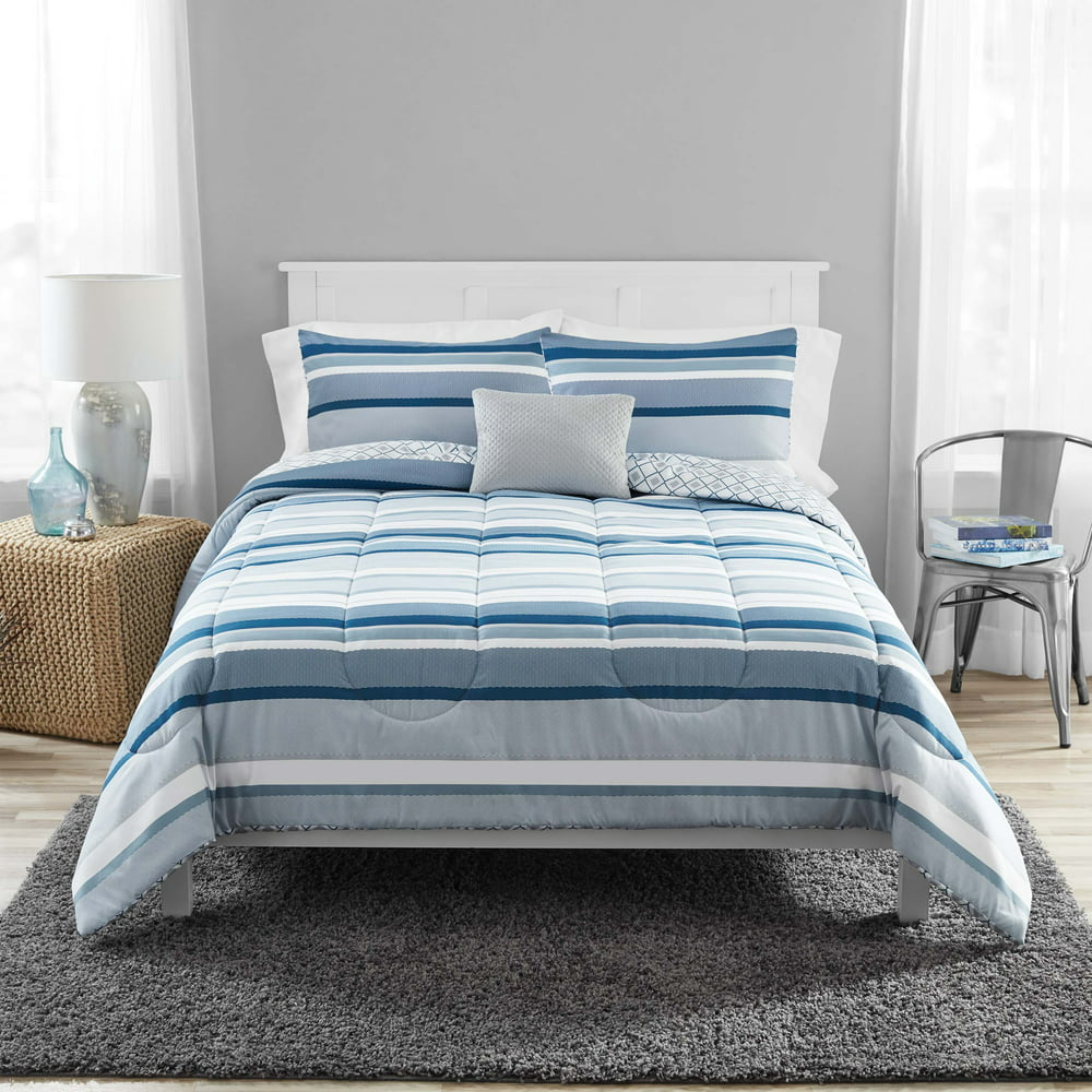 Mainstays Blue Stripe 8 Piece Comforter Set with Bonus Quilt Set, Full ...