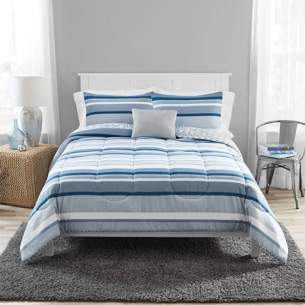 Mainstays Blue Stripe 8 Piece Comforter Set with Bonus Quilt Set, Full