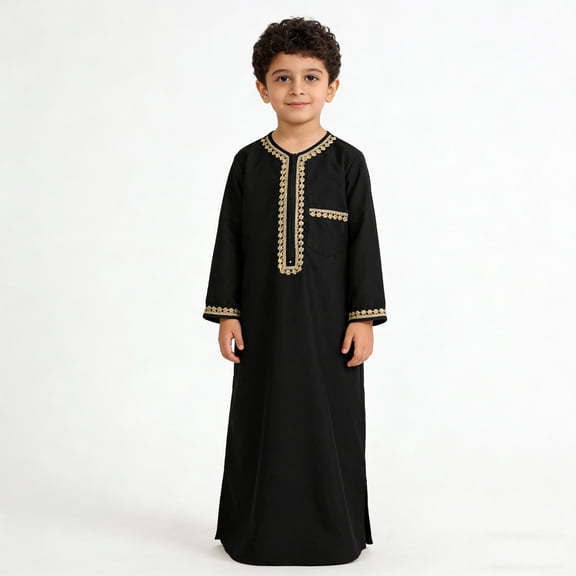 RTKFRFLM Boys Style Kaftan Black and Gold Patchwork Robe with Pockets Black 2-3 Years