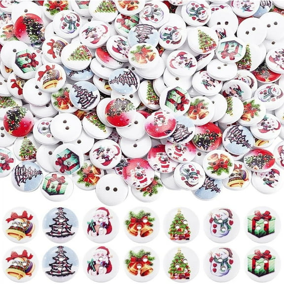 300Pcs Holiday Buttons 2-Hole Dyed Flat Round Printed Wooden Sewing Buttons for Christmas Mixed Color 15x4mm Hole: 1.5mm