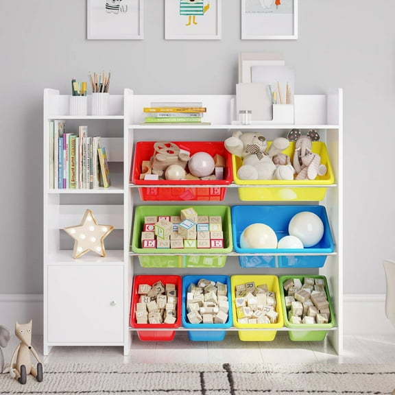 Open Box Sturdis Kids Toy Storage Organizer with Bookshelf, Top Shelf & 8 Toy Bins,