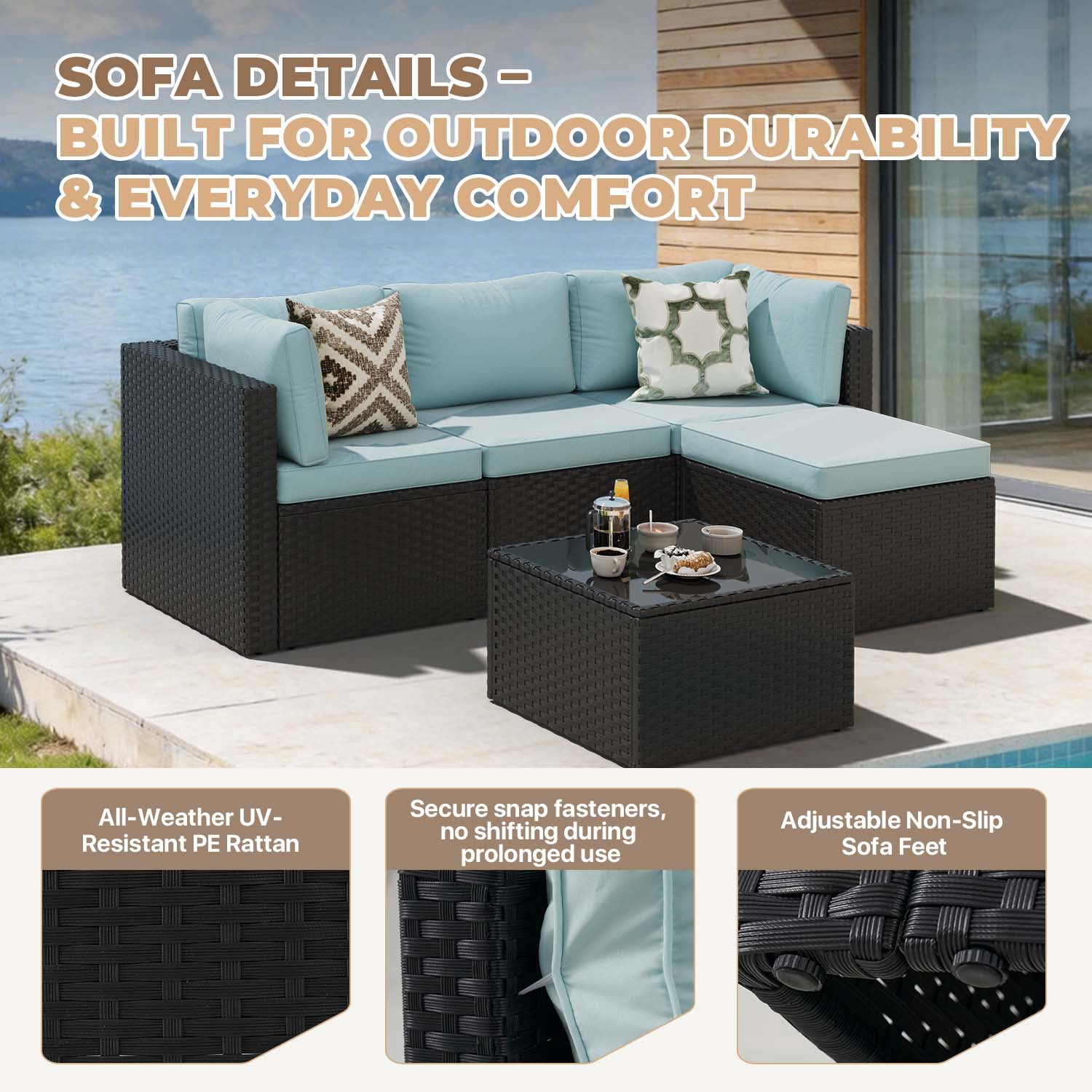 BaPiPro Modular Outdoor Wicker Patio Furniture Set with Tempered Glass Coffee Table & Removable All-Weather Cushions for Backyard, Poolside & Balcony Light Blue