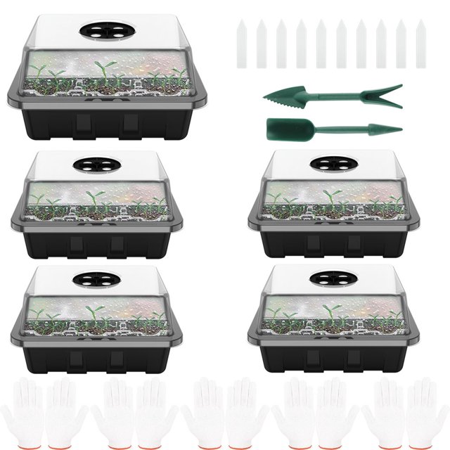 5Pcs Seed Starter Tray Seedling Tray Humidity Adjustable Plant Germination Tray w/ Dome and Base Greenhouse Grow Trays 12-Cell Propagator Seed Starter Kit for Seeds Growing Starting