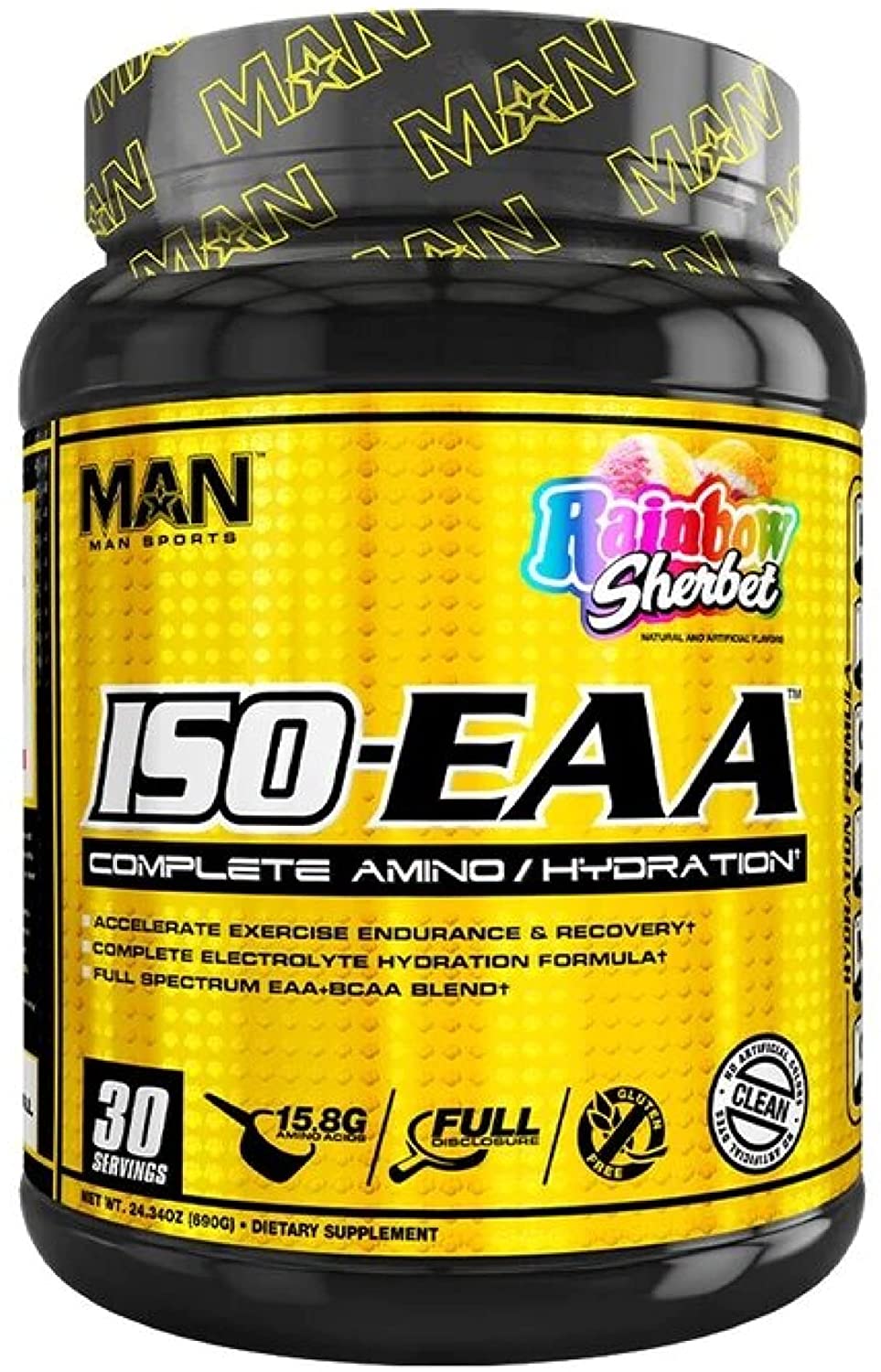 Man Sports ISO-EAA - Advanced Electrolyte Hydration, BCAA, and EAA - Branched Chain Amino Acids and Essential Amino Acids - Prevent Muscle Soreness - 690 Grams, 30 Servings - Rainbow Sherbet - image 1 of 4