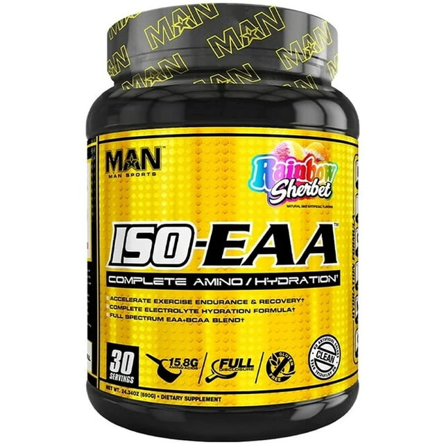 Man Sports ISO-EAA - Advanced Electrolyte Hydration, BCAA, and EAA - Branched Chain Amino Acids and Essential Amino Acids - Prevent Muscle Soreness - 690 Grams, 30 Servings - Rainbow Sherbet
