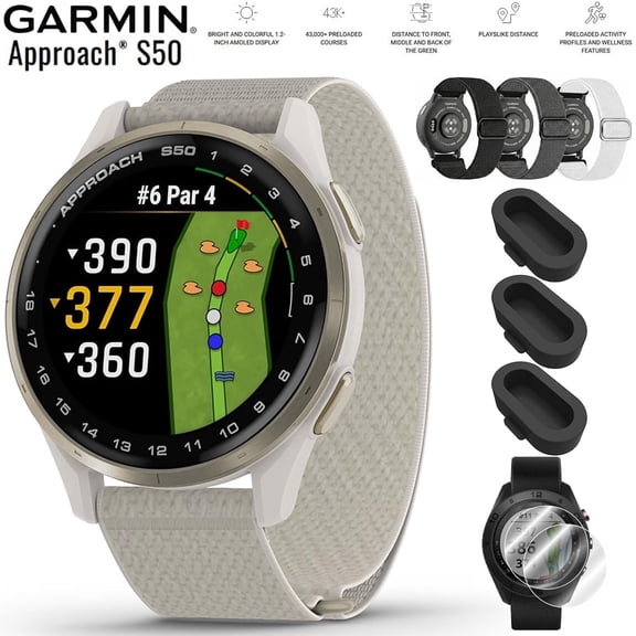 Garmin 010-03010-01 Approach S50 Advanced Golf GPS Smartwatch, AMOLED Display, On-Course Features Bundle with Deco Essentials Nylon Elastic Bands 3 Pack, Dust Cover 3 Pack and Screen Protector 2 Pack