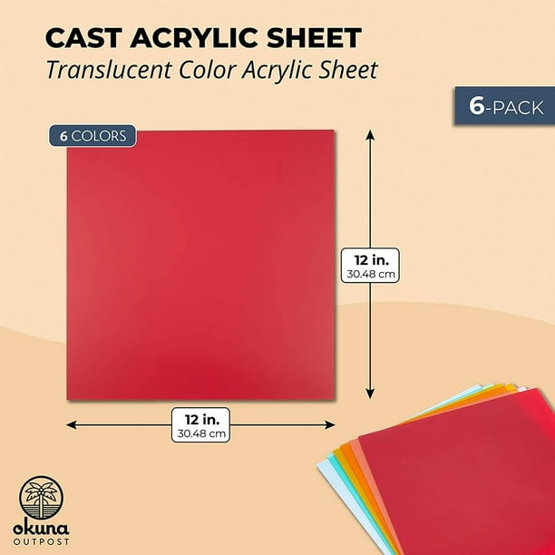 Okuna Outpost Colored Acrylic Square Sheets - 1/8" Thick, 12x12 Inch, 6 Colors, For Crafts & Laser Cutting