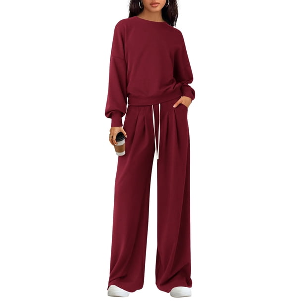 PRETTYGARDEN Conjunto de Mujer 2 Piezas para Descanso Manga Larga Pantalón Ancho Vino Tinto XXL