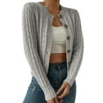 thumbnail image 3 of Cardigan Sweaters for Women Casual Button Down Cable Knit Long Sleeve Crewneck Knitted Jackets Gray XL, 3 of 9