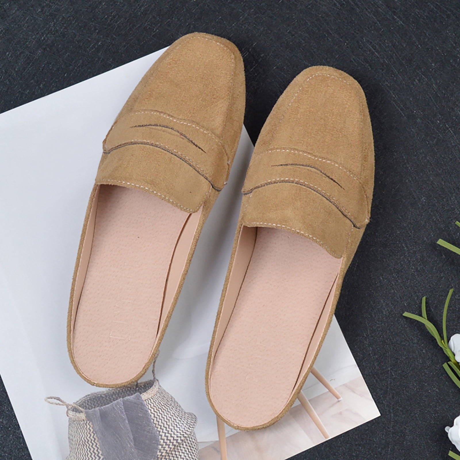 Women's Brown Suede Penny Mule Loafers - Slip-on Backless Flats, Comfortable Casual Shoes