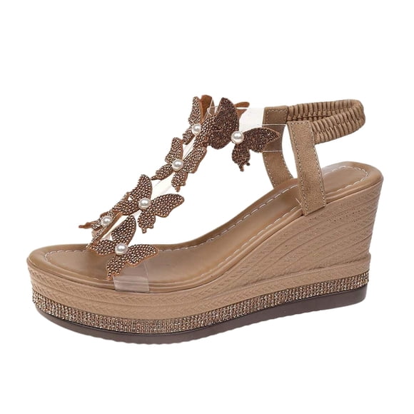DXOUPM Women's High Heel Wedge Sandals Platform Fashionable Butterfly Decoration Rhinestones Shoes