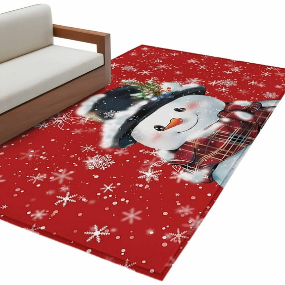 Christmas Area Rug 3x5 FT, Non Slip Entryway Bedside Carpet, Red Snowman Pine Cones Xmas Winter Snowflake Washable Soft Floor Carpet Indoor Mat Non-Shedding Throw Rug for Dorm Kitchen Home Office