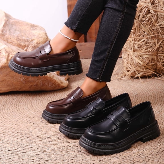 Women's Wide Width Platform Loafers, Breathable Faux Leather Round Toe Shoes with Chunky Heel, Comfortable Non-Slip Walking Shoes for Daily Wear, Work, Party - Black/Brown