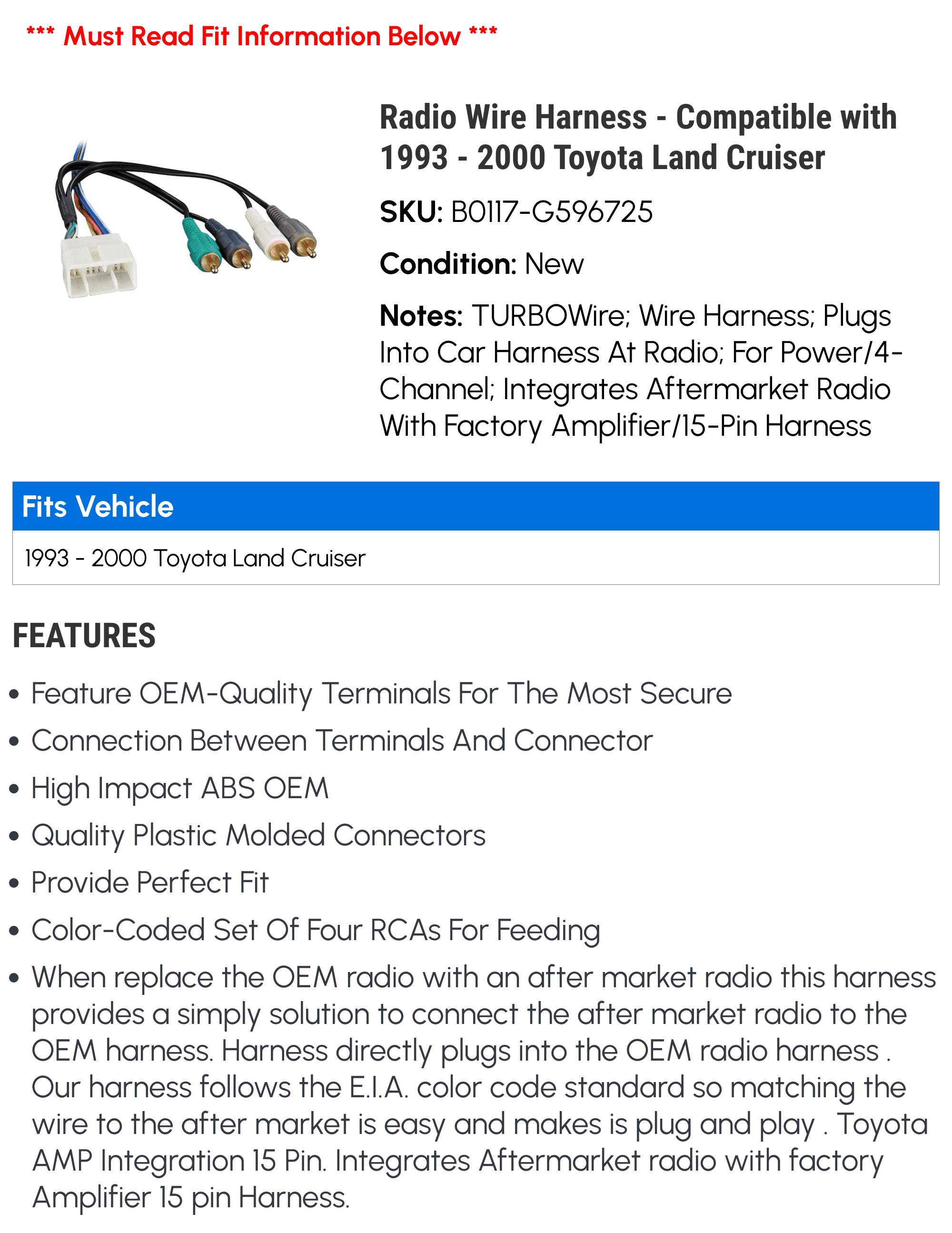 Radio Wire Harness - Compatible with 1993 - 2000 Toyota Land