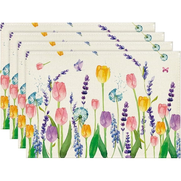 Tulip Lavender Butterfly Spring Placemats Set of 4, Seasonal Holiday Summer Table Mats for Home Party Kitchen Dining Room Decoration 12x18 Inch