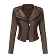 thumbnail image 2 of Lovskoo Women's Leather Jacket Casual Long Sleeve Printed Turndown Collar Zipper Jacket Motorcycle Jacket Brown, 2 of 8