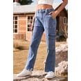 thumbnail image 3 of Pink Queen Women's High Waist Cargo Jeans Flap Pocket Wide Leg Denim Pants Dark Blue M, 3 of 7
