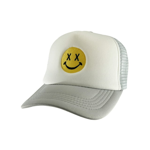 Gravity Threads Smile Face Embroidery Adjustable Trucker Hat - Cross Eye - White/Grey