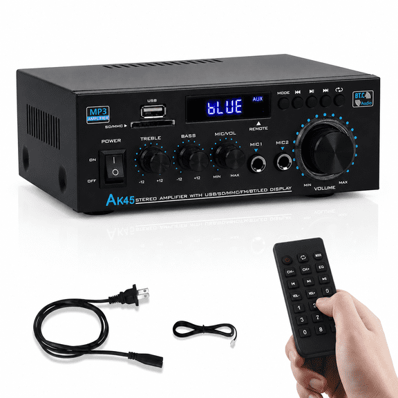 AK45 Stereo Amplifier Receiver, Wireless Bluetooth 5.0 2-Channel HiFi Audio Power Amplifier with SD Card, USB, RCA & FM Radio Input, Home Theater Amplifier for Passive Speakers