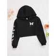 thumbnail image 3 of TiaoBug Kids Girls Hooded Crop Sweatshirt Butterflies Printed Long Sleeve Pullover Jazz Street Dance Tops Black 14, 3 of 7