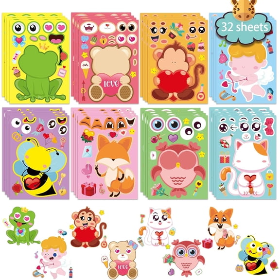 32 Sheets Valentine’s Day Make-a-Face Sticker, DIY Make Your Own Animal & Little Angel Stickers for Kids Boys Girls, Valentine’s Day Party Favors Supplies & Activity Crafts