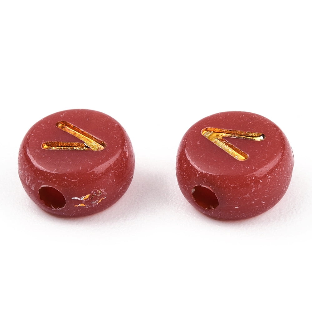 Plating Acrylic Beads Golden Metal Enlaced Horizontal Hole Flat Round with Letter Chocolate 6.5~7x3.5~4mm Hole: 1.6mm about 3600g/500g