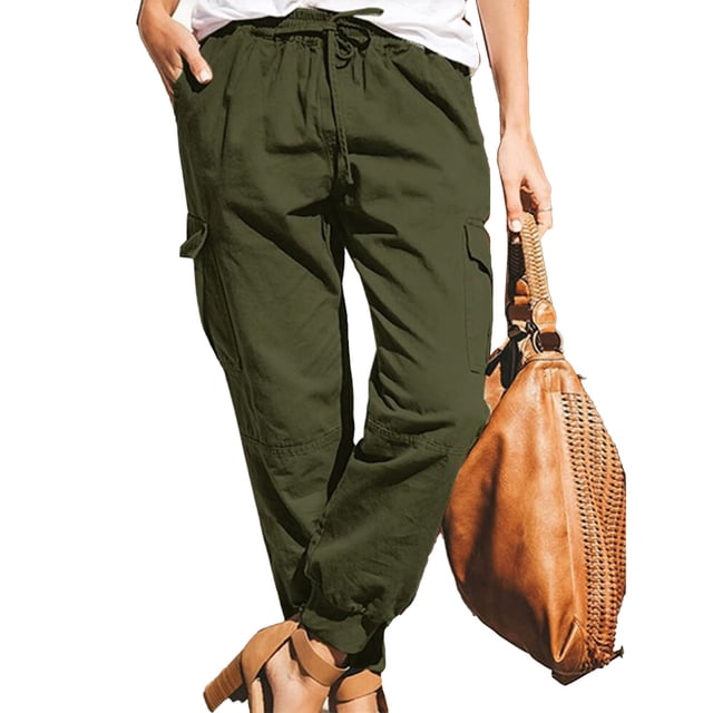 Pantalones cargo para mujer, talle medio, cordón, pierna cónica, ligeros, suaves, pantalones de senderismo, color verde XL
