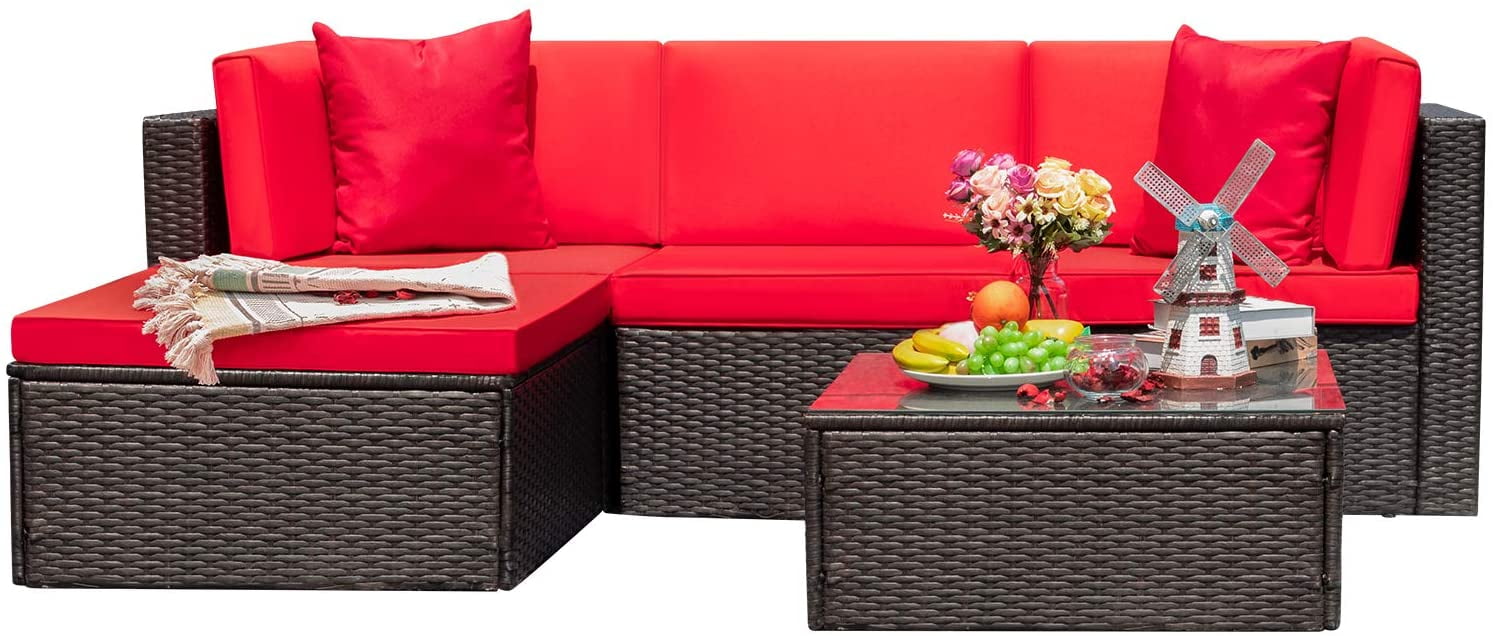Devoko 5 Pieces Patio Sectional Set Outdoor Wicker Rattan Sofa with Cushion and Glass Table, Red