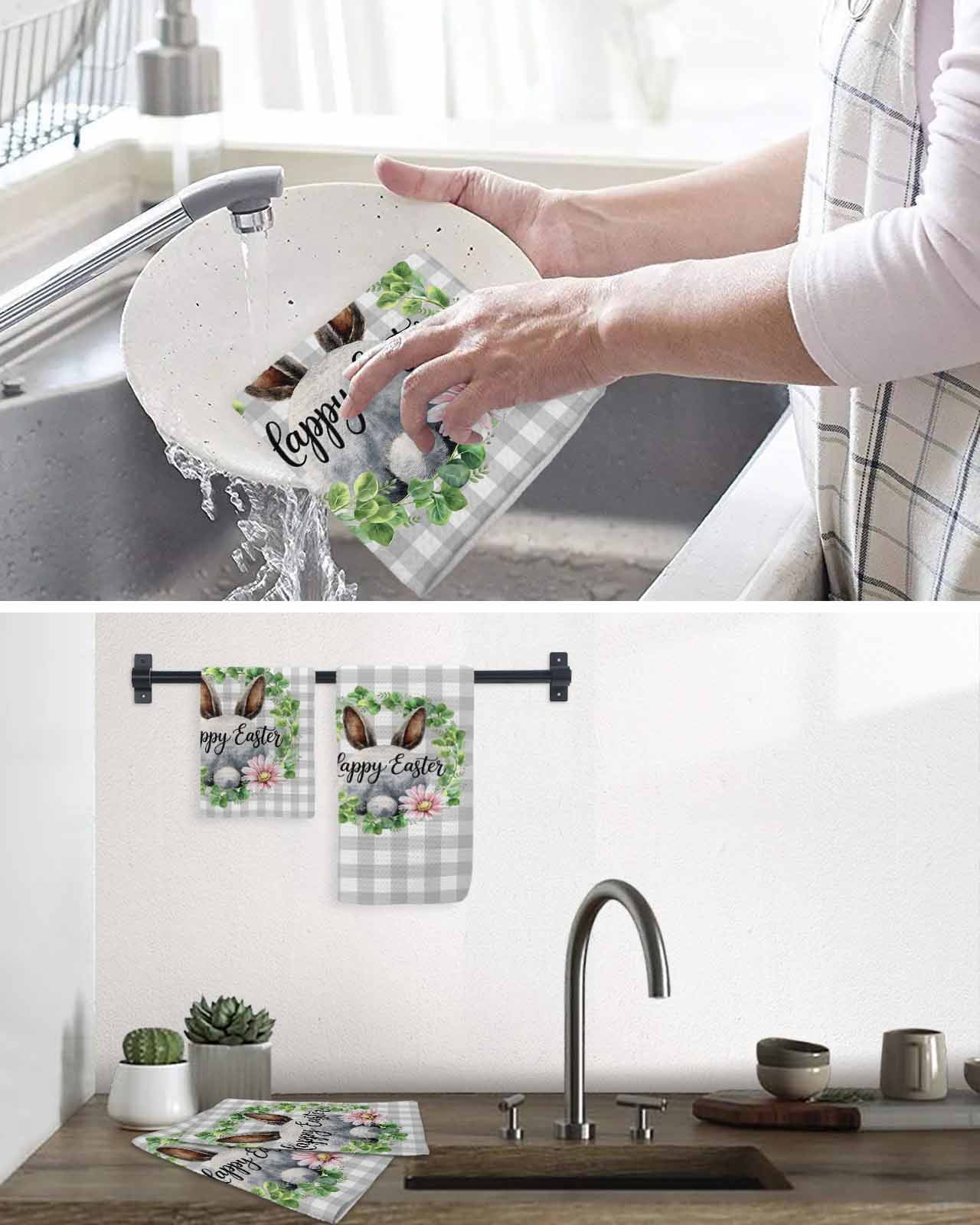 Grey Easter Kitchen Dish Towels for Drying Dishes Set of 4, Spring Watercolor Bunny Flower Leaf Plaid Waffle Weave Microfiber Hand Tea Bathroom Towels Quick Dry & Absorbent Towel 12x12