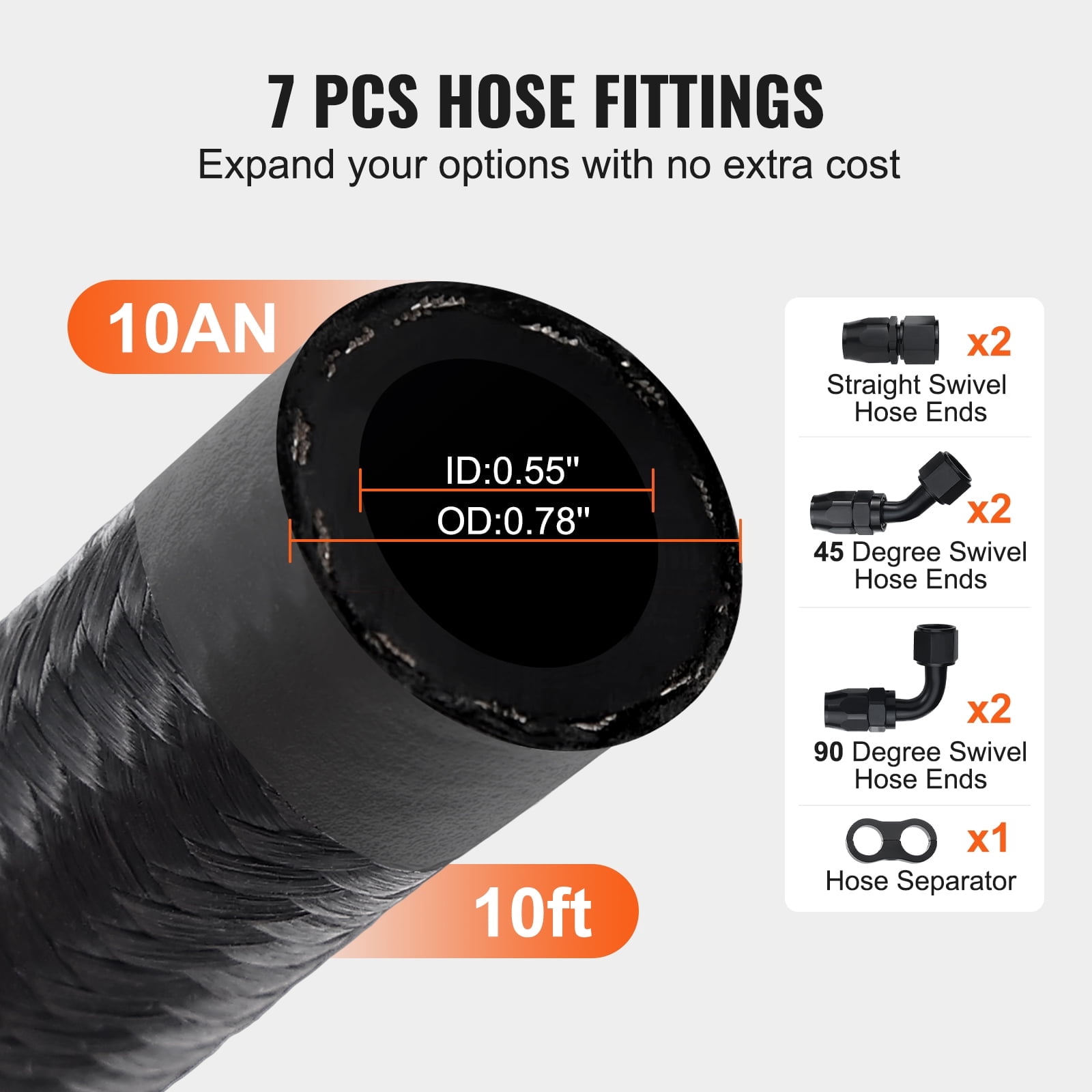 VEVOR 10AN Fuel Line Kit, 10 FT Fuel Hose Kit, 0.55" Nylon Stainless Steel Braided Fuel Line Oil/Gas/Diesel Hose End Fitting Kit, with 7 PCS Swivel Fitting Adapter Kit, Black