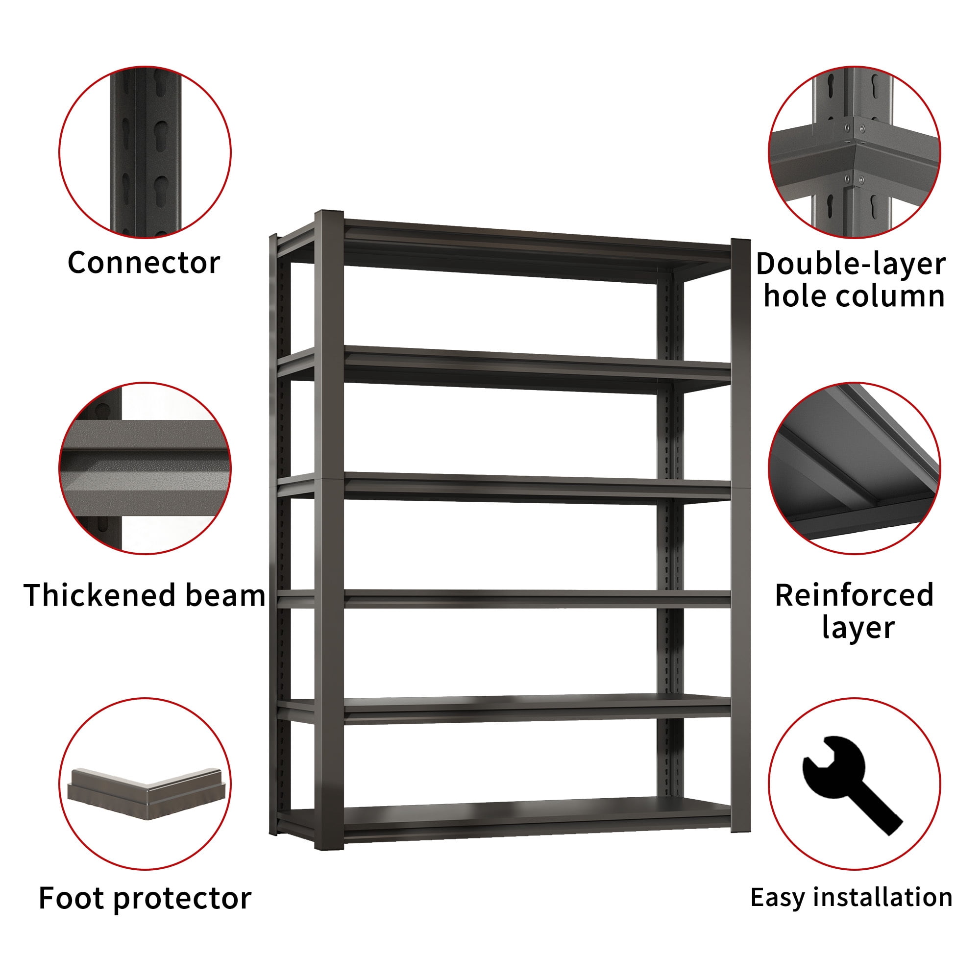 Alvantor 82"H Metal Storage Shelving 6-Tier 2400LBS Adjustable Heavy Duty Shelving Industrial Shelf for Garage 48"W x 18"D x 82"H Black