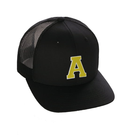 Structured Trucker Mesh Hat Custom Colors Letter A Initial Baseball Mid Profile (Black Black White Gold)