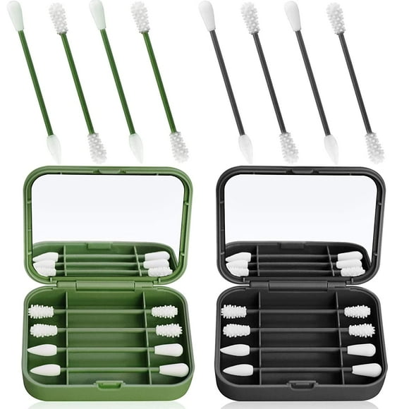 8 Count Reusable Silicone Q Tip Cotton Swabs Portable Silicone Swab for Ear Cleaning Makeup for Women, 2 In 1 Cotton Swabs Set with Case and Cosmetic Mirrors (2 Pack, Green&Grey)