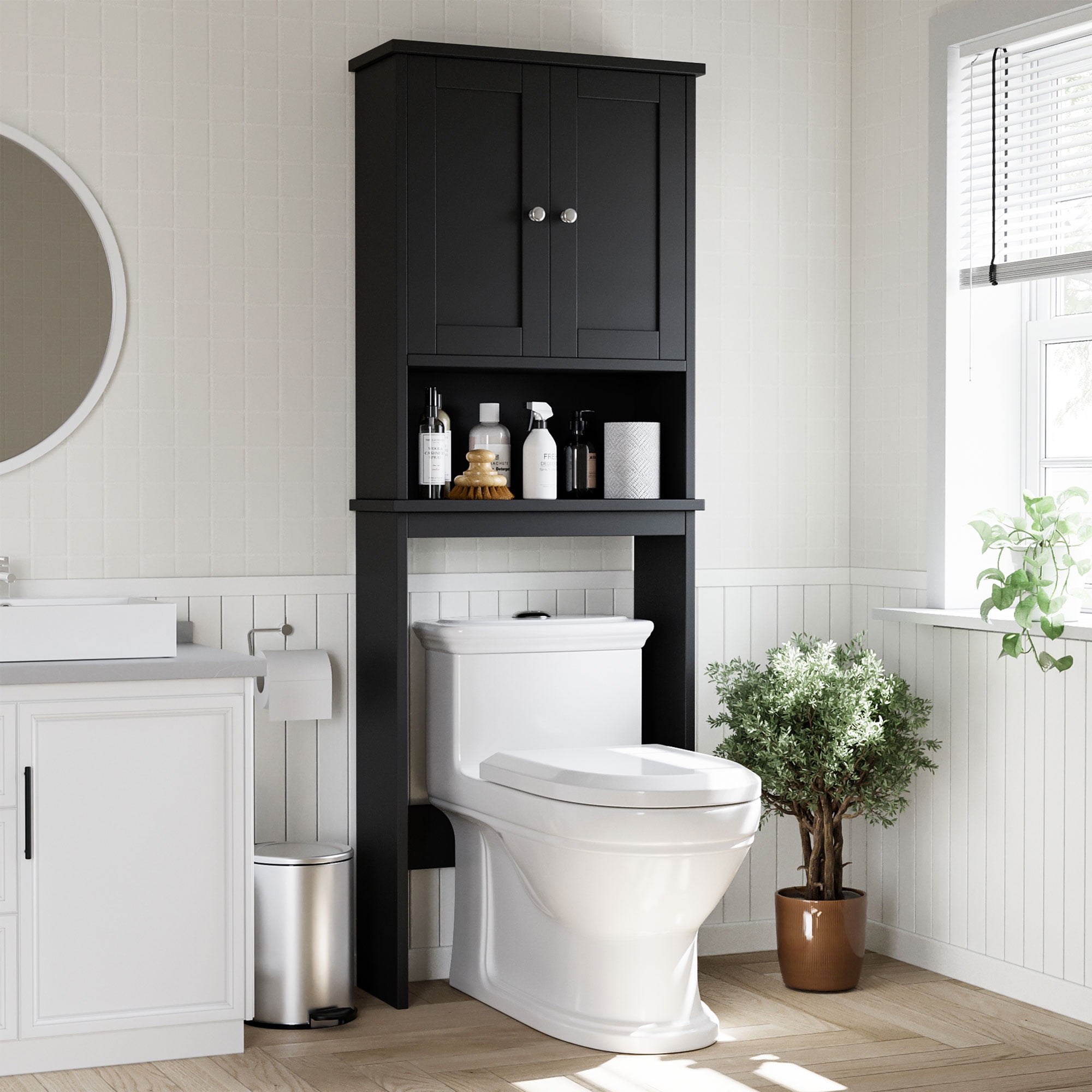 Walsunny Over The Toilet Storage Cabinet Bathroom Shelves Organizer Space Saver Freestanding Restroom Shelf with Doors Anti-Tip Device Adjustable Shelf Black