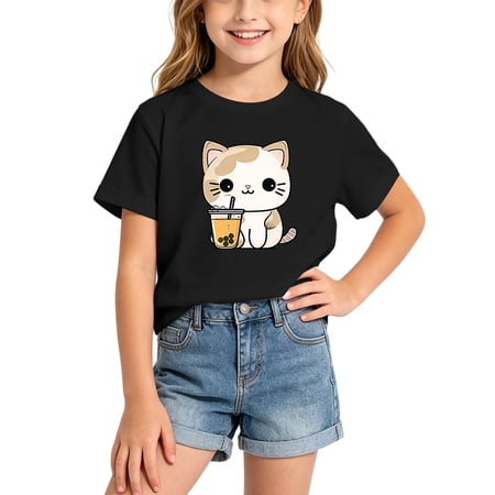 Angala Kids Tops Cartoon Cat Print Summer Shirts Crew Neck Short Sleeve Cute Fashionable Casual Boys Girls Tees Size 6-8 Years Black