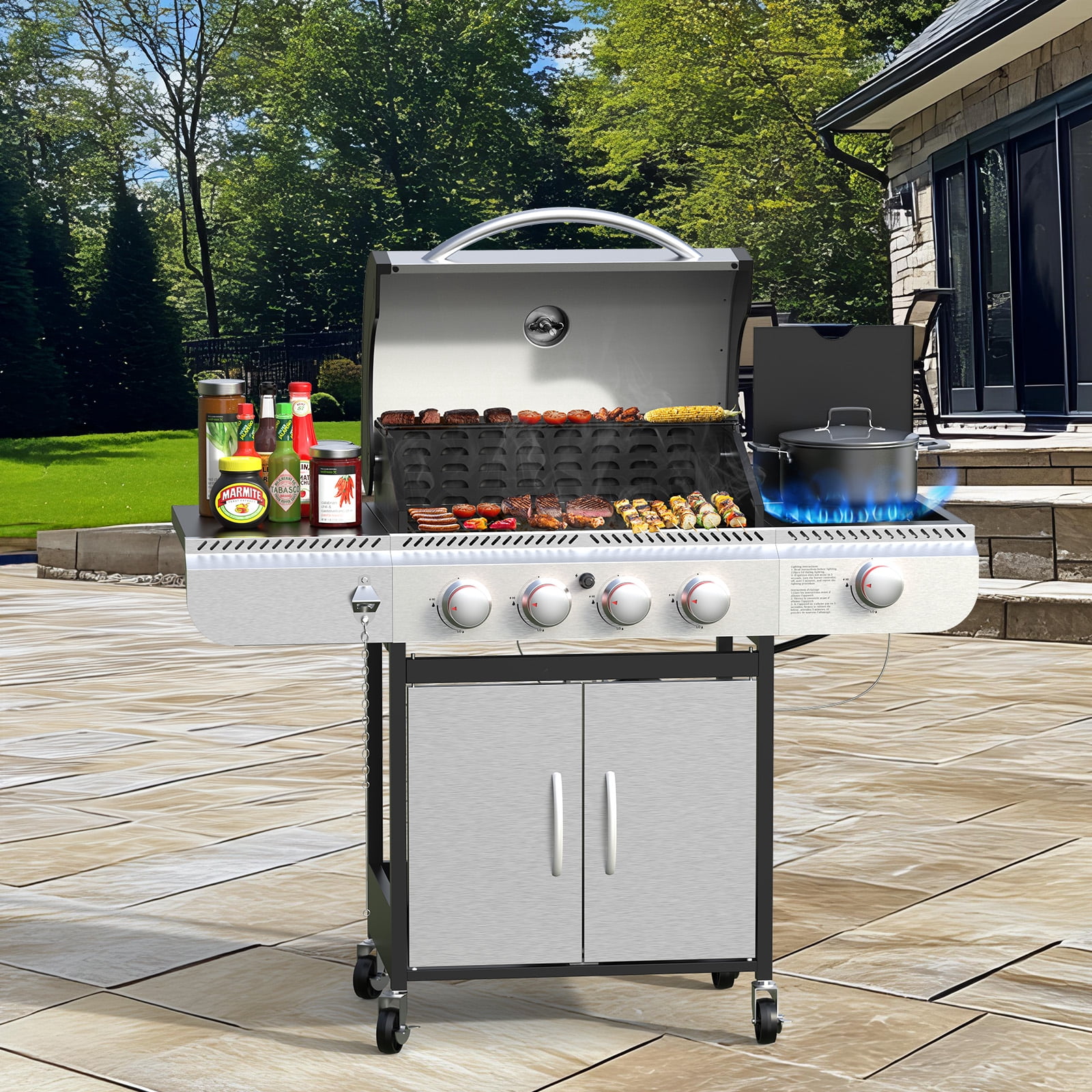 KNDKO 4-Burner Propane Gas Grill with Side Burner, 42,000 BTU Stainless Steel BBQ Grill, Porcelain-Enameled Cast Iron Grates, Heavy-Duty Design for Camping & Outdoor Cooking