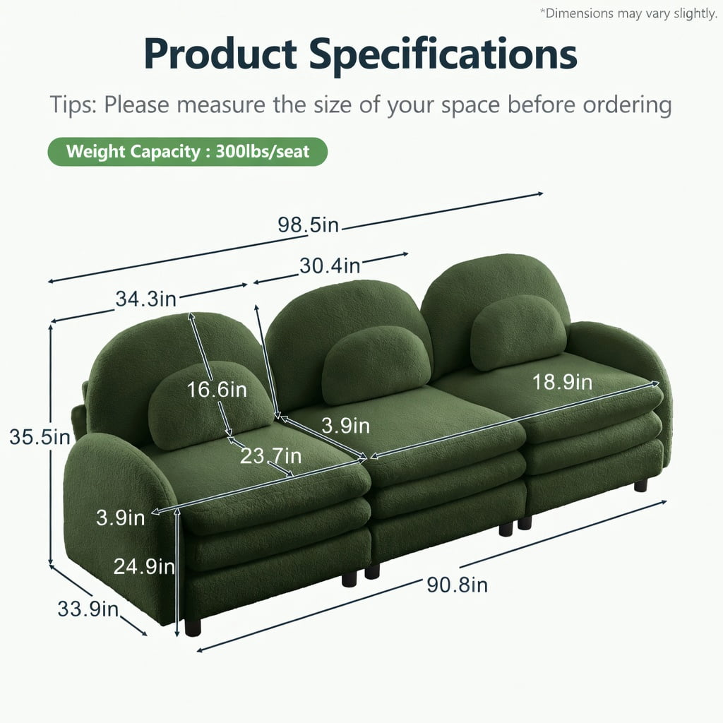 Hommoo Teddy Fleece Modular 3-Seat Sofa, Cloud-Like Comfort, Curved Backrest & Armrest, Double-Layer Cushioning, Lumbar Support Pillows, Green