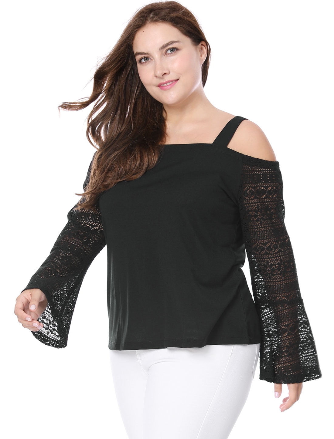 Women Plus Size Cold Shoulder Lace Bell Sleeves Top Black 2X | Walmart ...