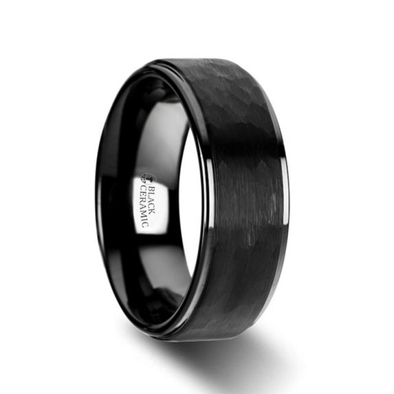 Rebel Raised Hammer Finish Step Edge Black Tungsten Carbide Wedding Band With Brushed Finish