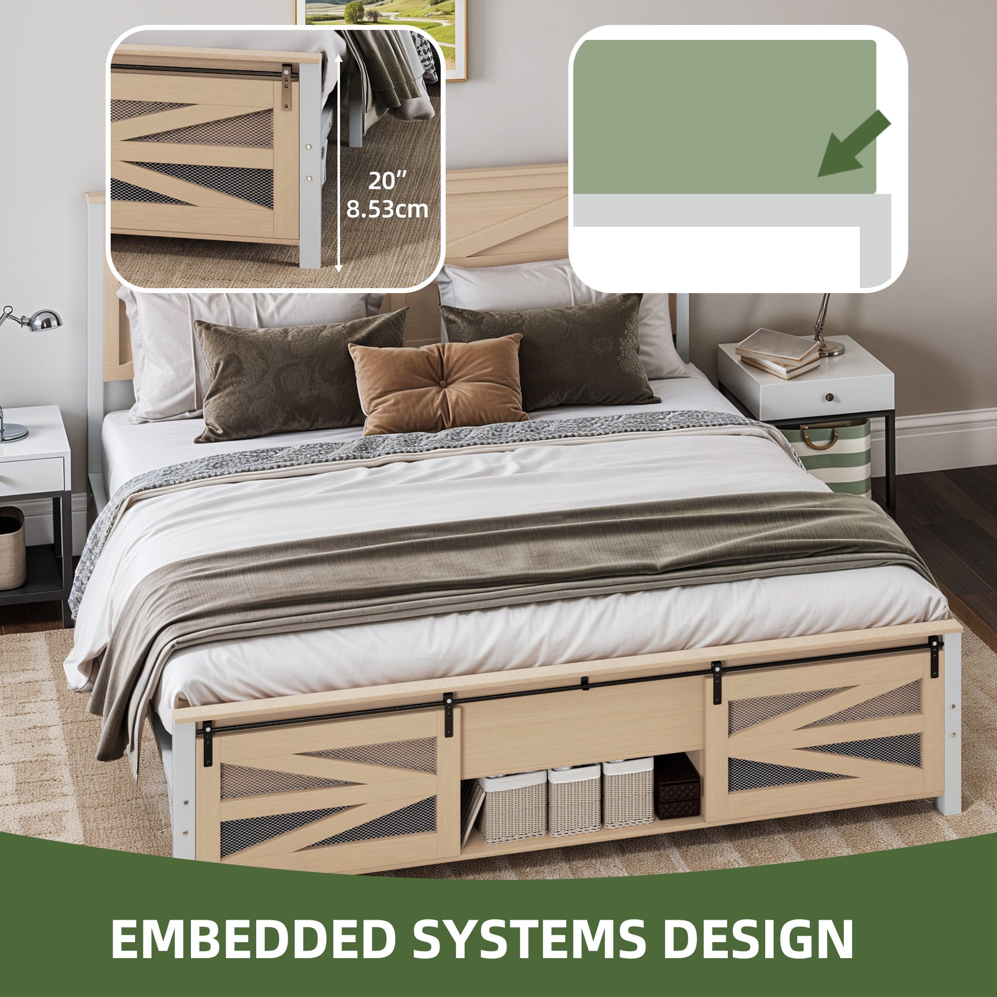 Uforic Bed End Barn Door King Size Bed Frame with Headboar Storage, Steel Mesh Door & Sturdy Construction, Oak