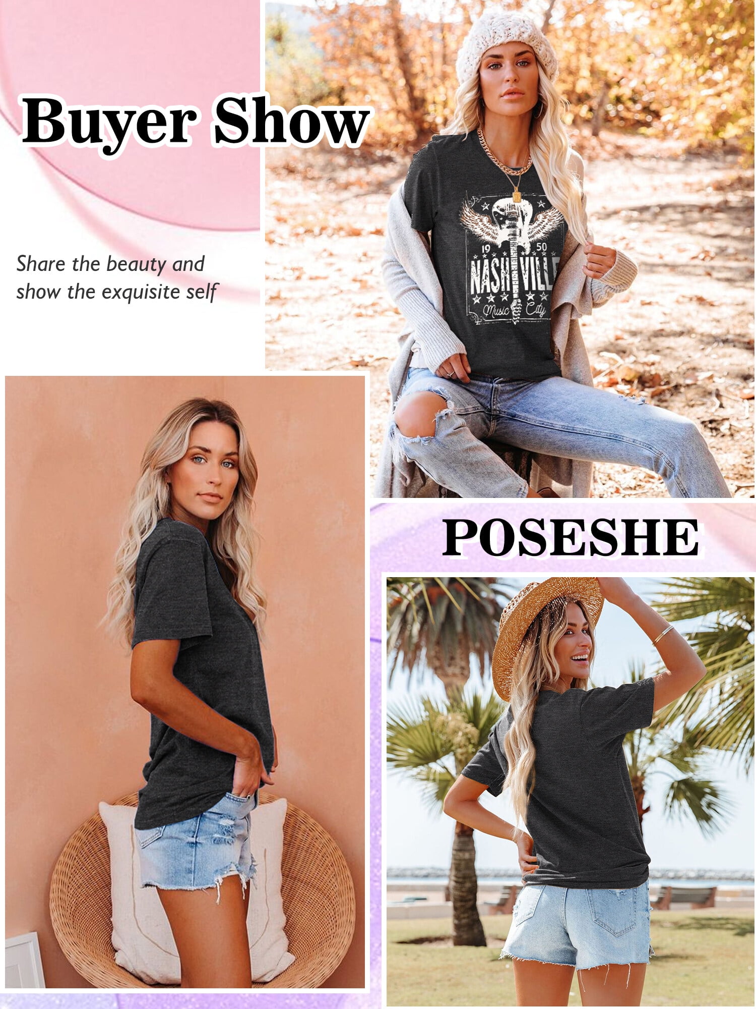  Womens Nashville Tshirt Tennessee Vintage Graphic Tees Leopard  Guitar Rock Band Country Music Shirt Concert Tops : Clothing, Shoes 