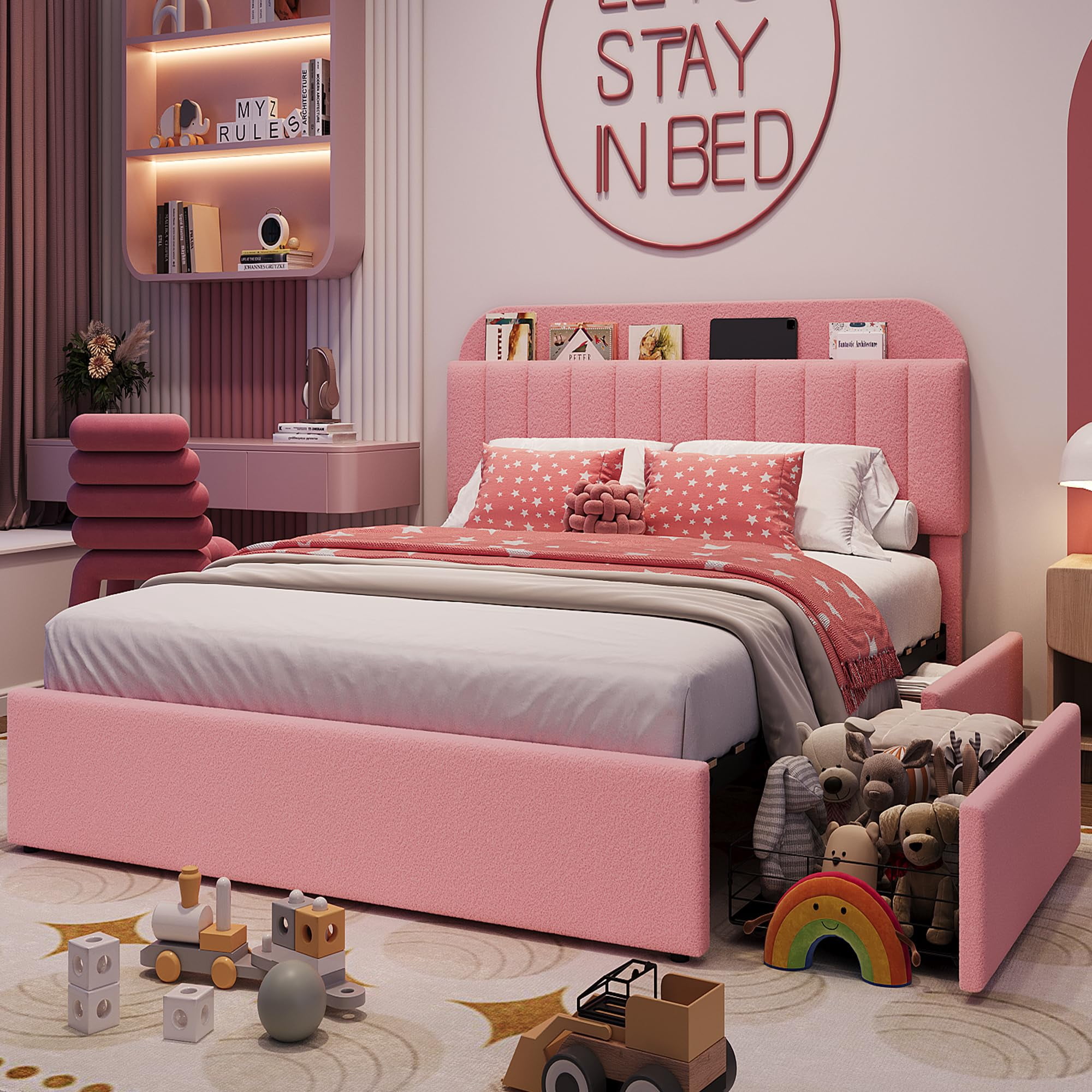 Queen Bed Frame, Boucle Upholstered Platform Bed Frame with Storage Headboard & 2 Flexible Drawers, Easy Assembly, No Box Spring Needed for Teens, Adults