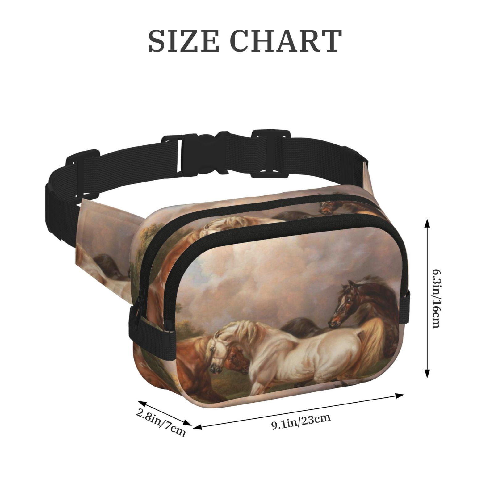 Picia Three Horses Oil Painting Print Square Double-Layer Waist Bag Mini Adjustable Waist Belt Bag Exercise Running Travel Hiking