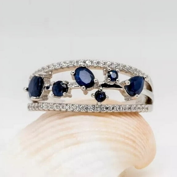 TAAPSEE JEWELS Oval Cut Blue Sapphire & Diamond Wedding Band Women's Ring 14K White Gold Plated