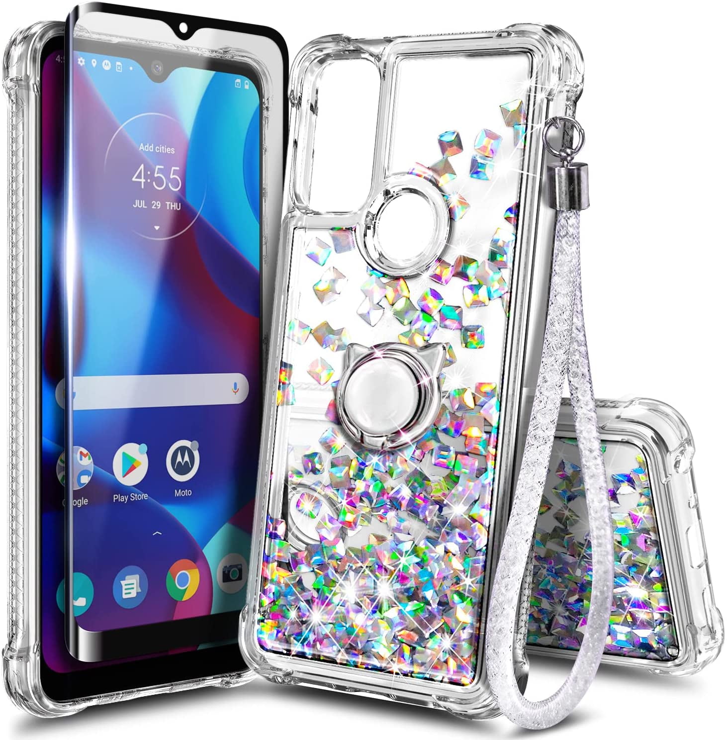 Nagebee Case for Motorola Moto G Pure (2021) with Tempered Glass Screen Protector (Full Coverage), Sparkle Glitter Liquid Bling Diamond [Ring Holder & Wrist Strap] Women Girls Cute Case (Gem)
